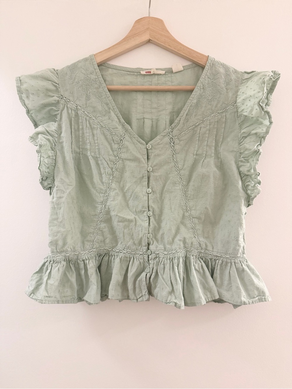 Levi's Mint Green Ruffled Button-Front Short Sleeve Blouse Size Small